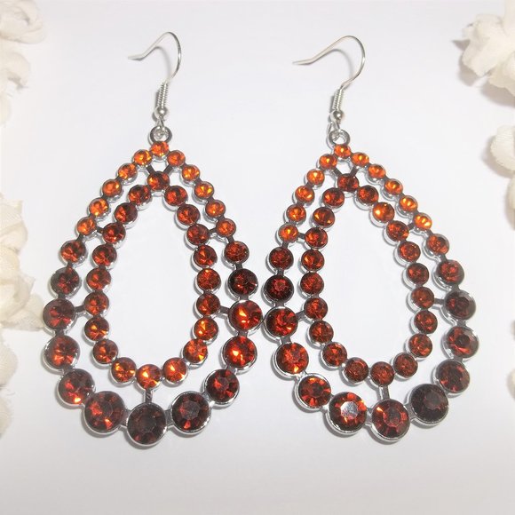 Earrings Hoops Orange and Silver Double Teardrop Sparkly Rhinestone Drop A479 - Picture 1 of 5